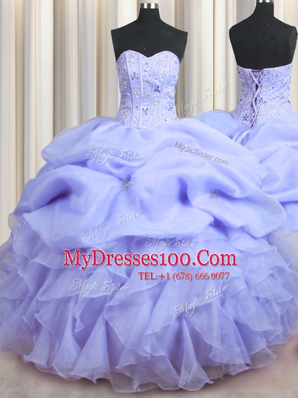 Dynamic Visible Boning Lavender Sweetheart Lace Up Beading and Ruffles Sweet 16 Quinceanera Dress Sleeveless
