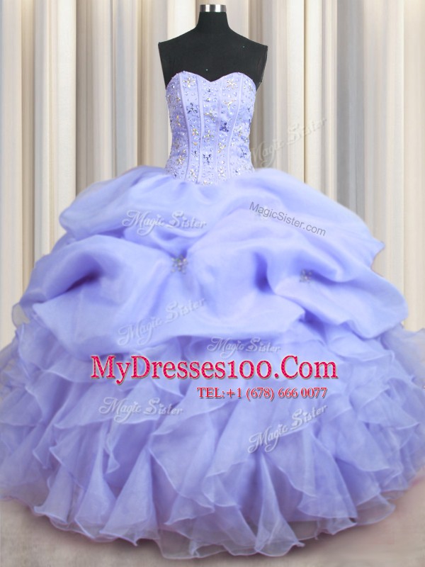 Dynamic Visible Boning Lavender Sweetheart Lace Up Beading and Ruffles Sweet 16 Quinceanera Dress Sleeveless