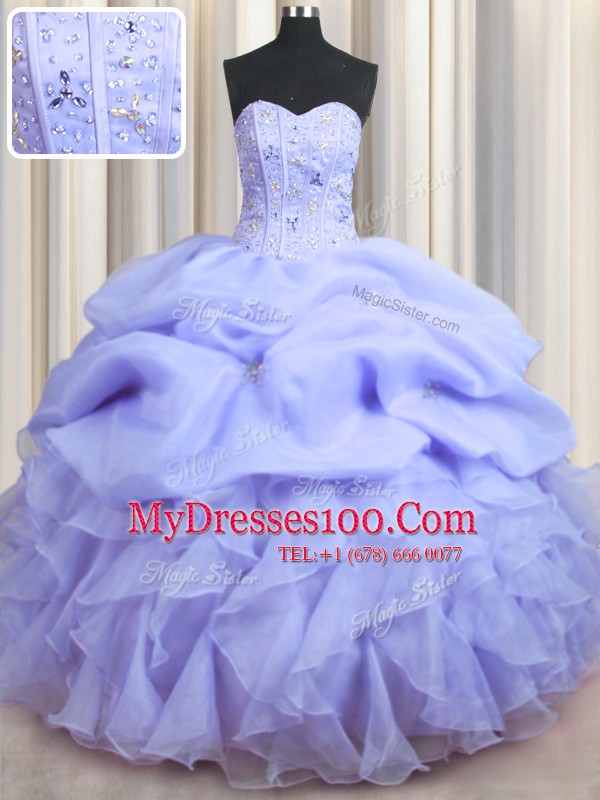 Dynamic Visible Boning Lavender Sweetheart Lace Up Beading and Ruffles Sweet 16 Quinceanera Dress Sleeveless