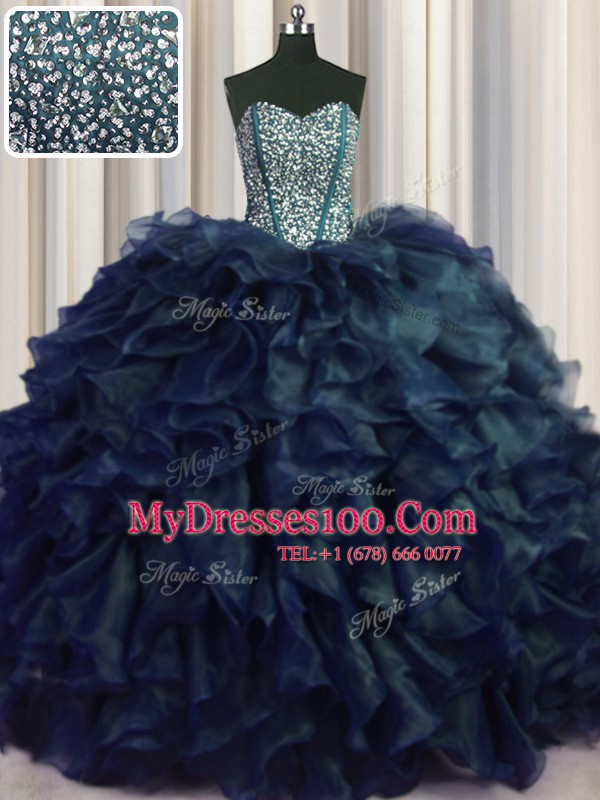 Spectacular Visible Boning Bling-bling With Train Lace Up Quinceanera Gown Navy Blue for Military Ball and Sweet 16 and Quinceanera with Beading and Ruffles Brush Train