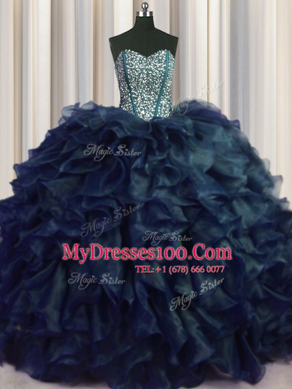 Spectacular Visible Boning Bling-bling With Train Lace Up Quinceanera Gown Navy Blue for Military Ball and Sweet 16 and Quinceanera with Beading and Ruffles Brush Train