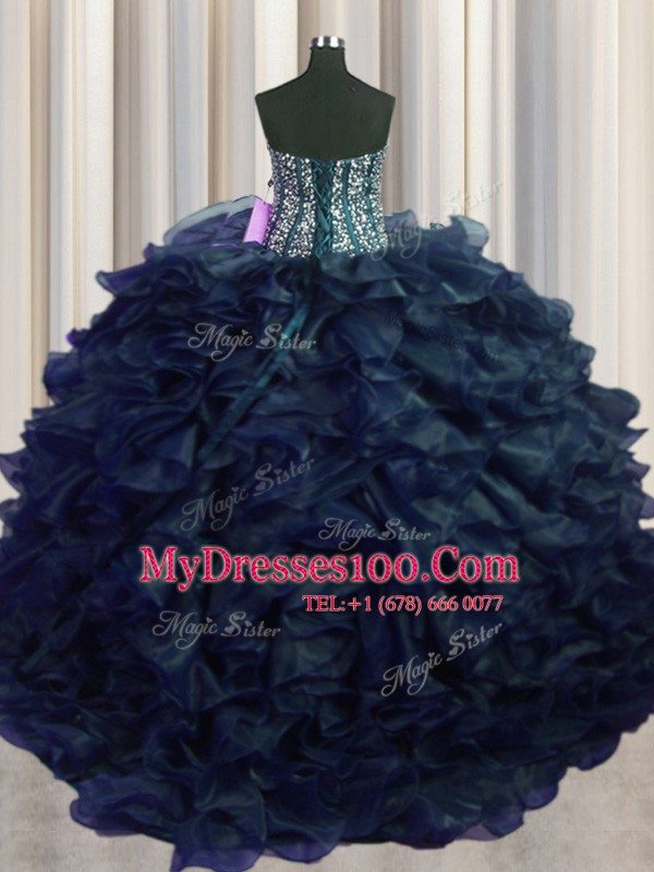 Spectacular Visible Boning Bling-bling With Train Lace Up Quinceanera Gown Navy Blue for Military Ball and Sweet 16 and Quinceanera with Beading and Ruffles Brush Train