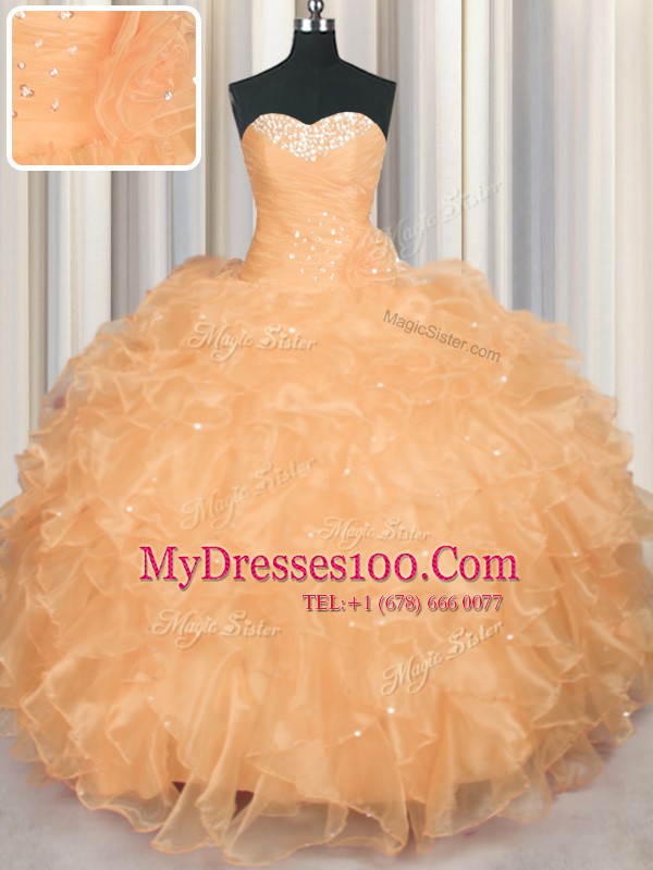 Orange Lace Up Sweet 16 Quinceanera Dress Beading and Ruffles Sleeveless Floor Length