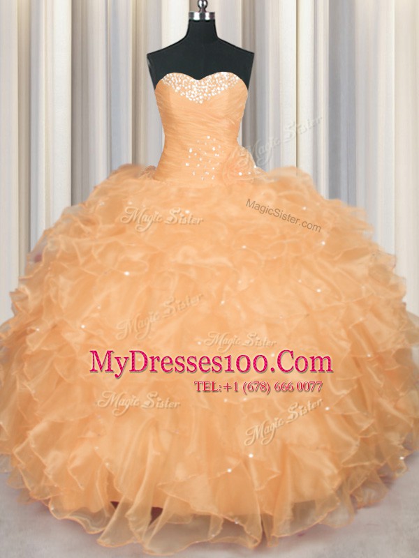Orange Lace Up Sweet 16 Quinceanera Dress Beading and Ruffles Sleeveless Floor Length