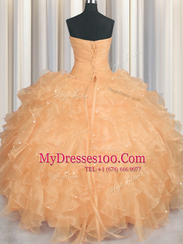 Orange Lace Up Sweet 16 Quinceanera Dress Beading and Ruffles Sleeveless Floor Length