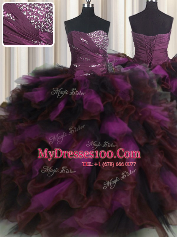 Spectacular Multi-color Ball Gowns Organza and Tulle Sweetheart Sleeveless Beading and Ruffles and Ruffled Layers Floor Length Lace Up Quinceanera Dress
