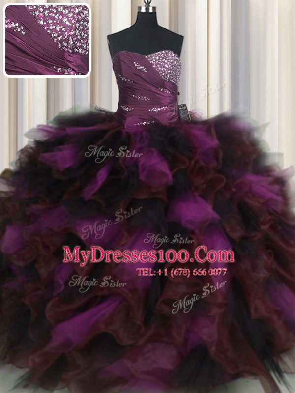 Spectacular Multi-color Ball Gowns Organza and Tulle Sweetheart Sleeveless Beading and Ruffles and Ruffled Layers Floor Length Lace Up Quinceanera Dress