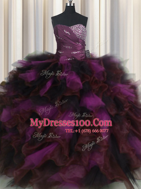 Spectacular Multi-color Ball Gowns Organza and Tulle Sweetheart Sleeveless Beading and Ruffles and Ruffled Layers Floor Length Lace Up Quinceanera Dress