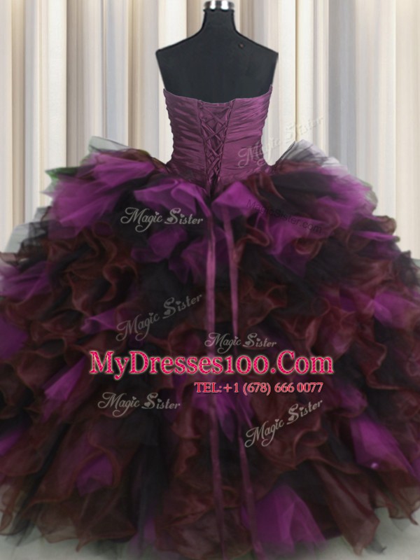 Spectacular Multi-color Ball Gowns Organza and Tulle Sweetheart Sleeveless Beading and Ruffles and Ruffled Layers Floor Length Lace Up Quinceanera Dress