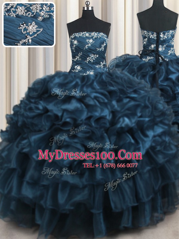 Decent Navy Blue Organza Lace Up Sweet 16 Dress Sleeveless Floor Length Appliques and Ruffles and Ruffled Layers