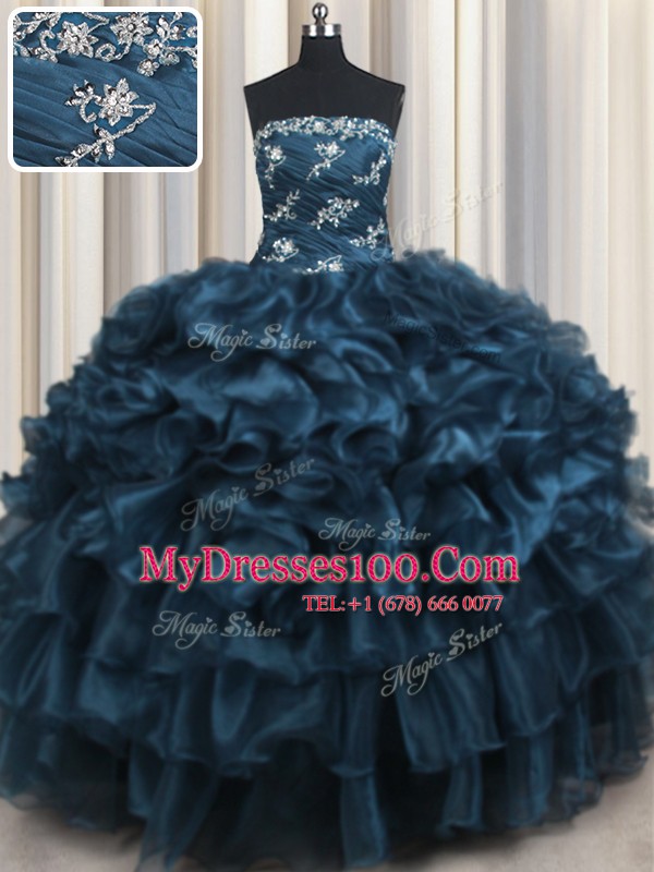 Decent Navy Blue Organza Lace Up Sweet 16 Dress Sleeveless Floor Length Appliques and Ruffles and Ruffled Layers