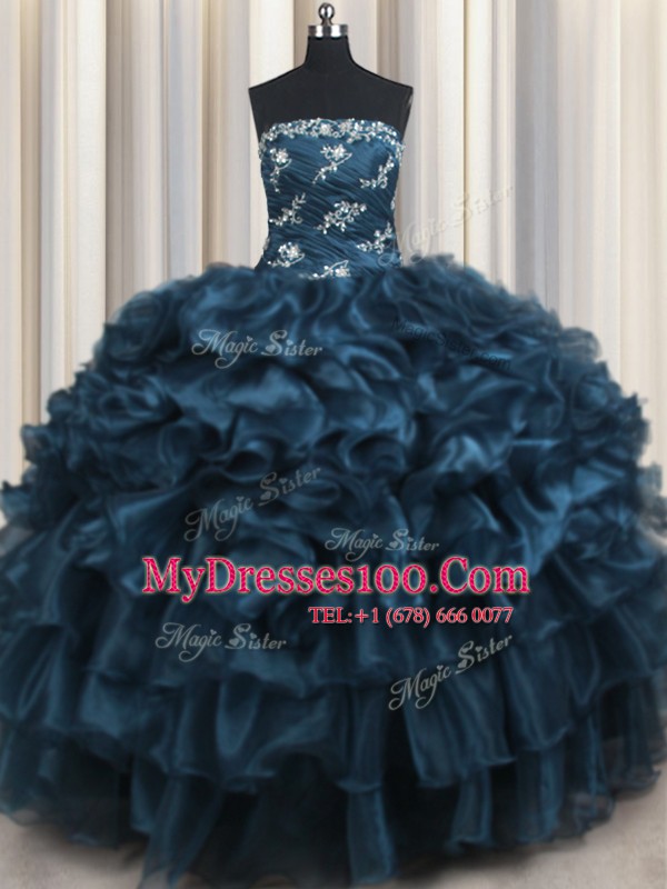 Decent Navy Blue Organza Lace Up Sweet 16 Dress Sleeveless Floor Length Appliques and Ruffles and Ruffled Layers
