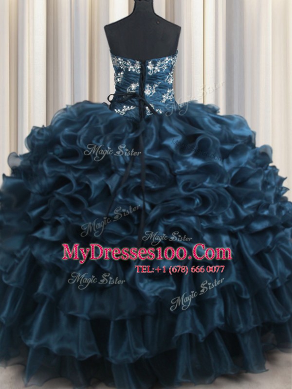 Decent Navy Blue Organza Lace Up Sweet 16 Dress Sleeveless Floor Length Appliques and Ruffles and Ruffled Layers