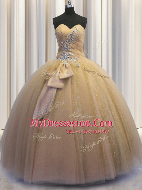 New Style Sequined Sleeveless Floor Length Beading and Bowknot Lace Up Vestidos de Quinceanera with Champagne