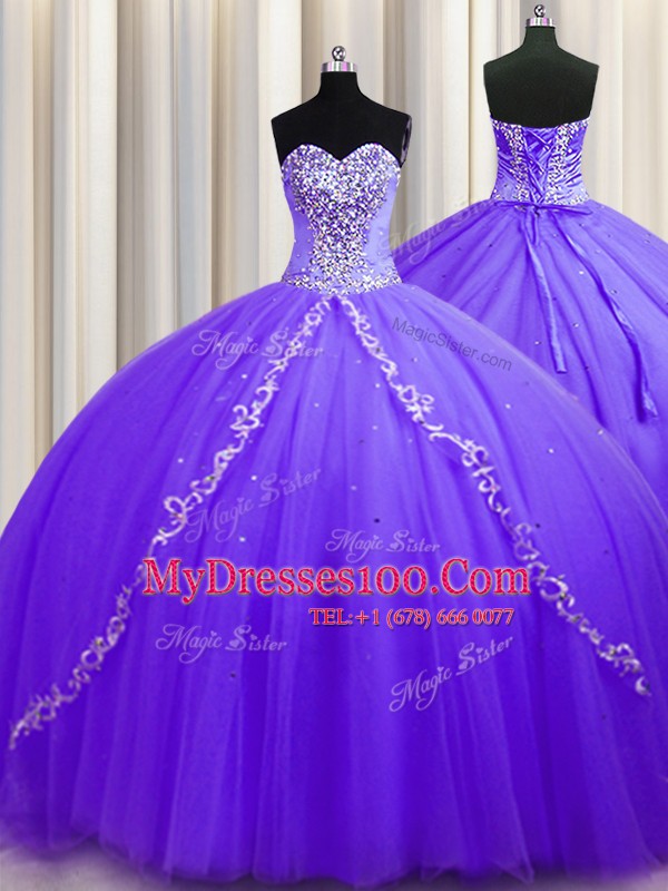 Sweet Lavender Lace Up Vestidos de Quinceanera Beading Sleeveless Sweep Train