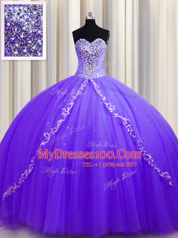 Sweet Lavender Lace Up Vestidos de Quinceanera Beading Sleeveless Sweep Train