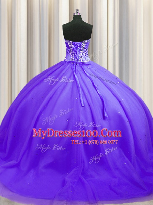Sweet Lavender Lace Up Vestidos de Quinceanera Beading Sleeveless Sweep Train