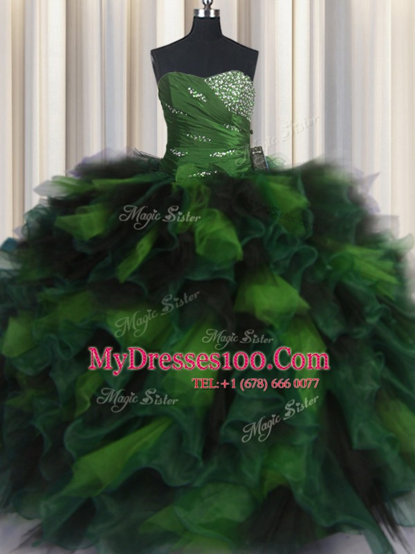 Free and Easy Sleeveless Organza and Tulle Floor Length Lace Up Ball Gown Prom Dress in Multi-color with Beading and Ruffles