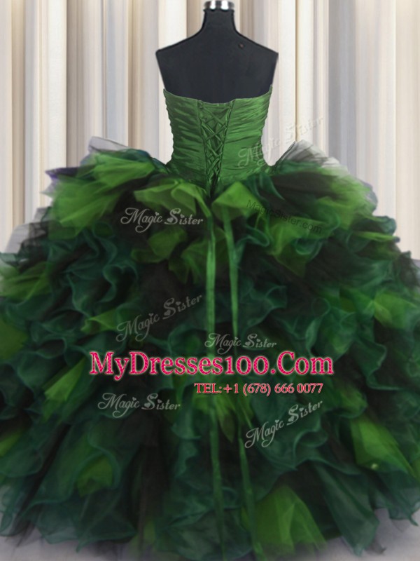 Free and Easy Sleeveless Organza and Tulle Floor Length Lace Up Ball Gown Prom Dress in Multi-color with Beading and Ruffles