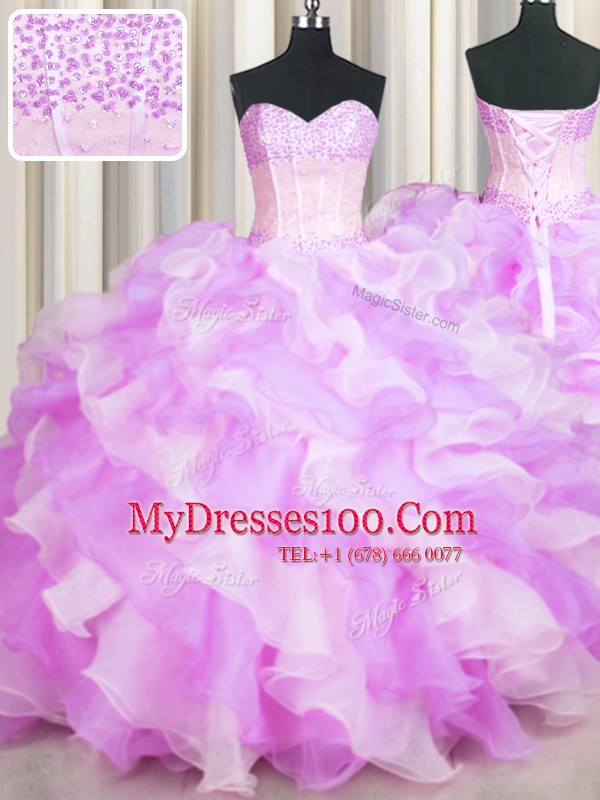 Most Popular Visible Boning Two Tone Multi-color Organza Lace Up Sweetheart Sleeveless Floor Length Sweet 16 Quinceanera Dress Beading and Ruffles