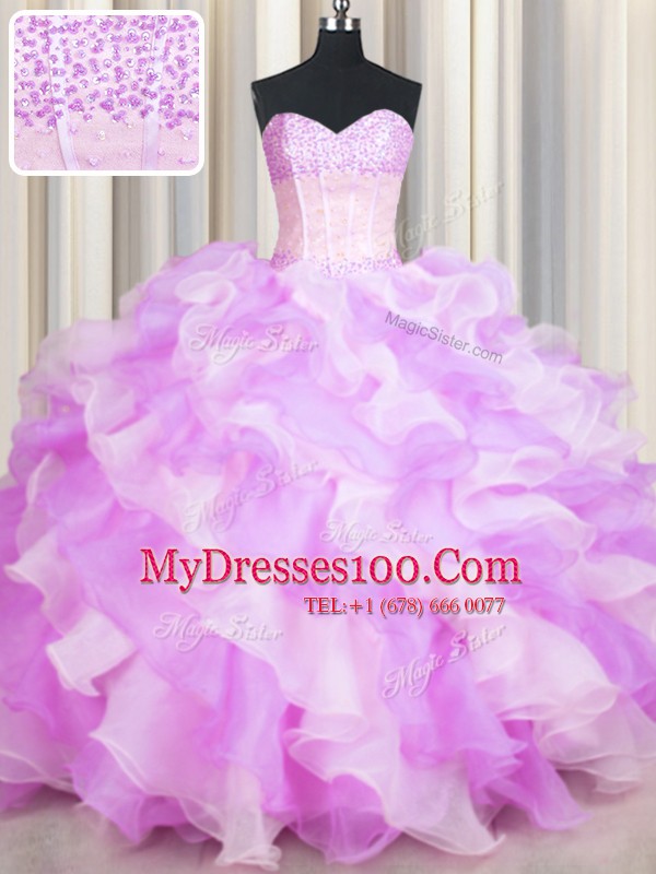 Most Popular Visible Boning Two Tone Multi-color Organza Lace Up Sweetheart Sleeveless Floor Length Sweet 16 Quinceanera Dress Beading and Ruffles