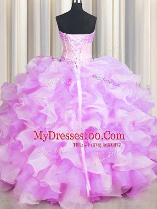 Most Popular Visible Boning Two Tone Multi-color Organza Lace Up Sweetheart Sleeveless Floor Length Sweet 16 Quinceanera Dress Beading and Ruffles