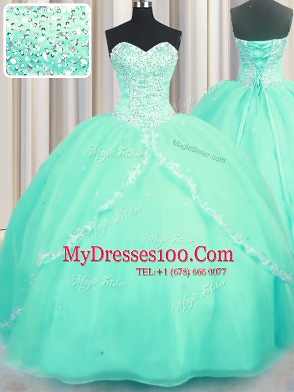 Exquisite Sweetheart Sleeveless Sweet 16 Quinceanera Dress With Brush Train Beading and Appliques Turquoise Organza