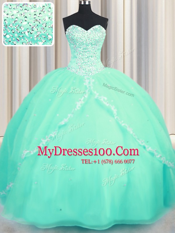 Exquisite Sweetheart Sleeveless Sweet 16 Quinceanera Dress With Brush Train Beading and Appliques Turquoise Organza