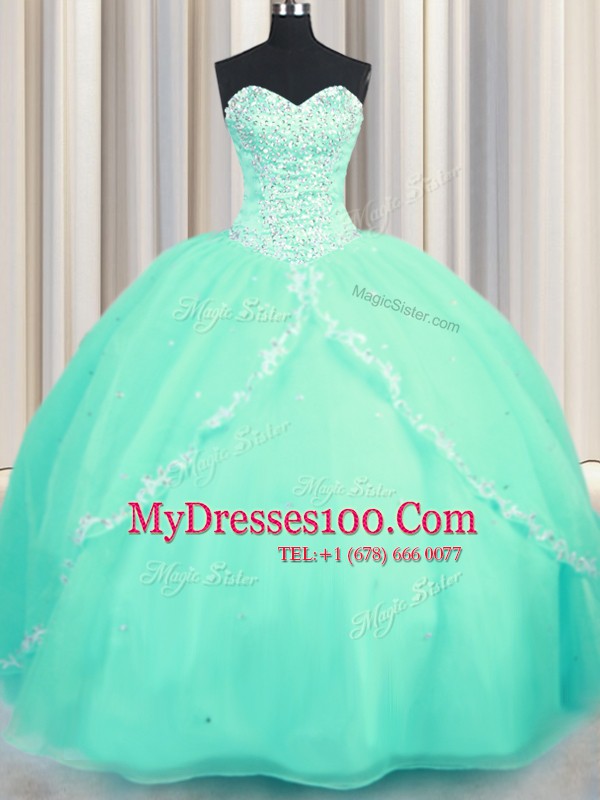 Exquisite Sweetheart Sleeveless Sweet 16 Quinceanera Dress With Brush Train Beading and Appliques Turquoise Organza