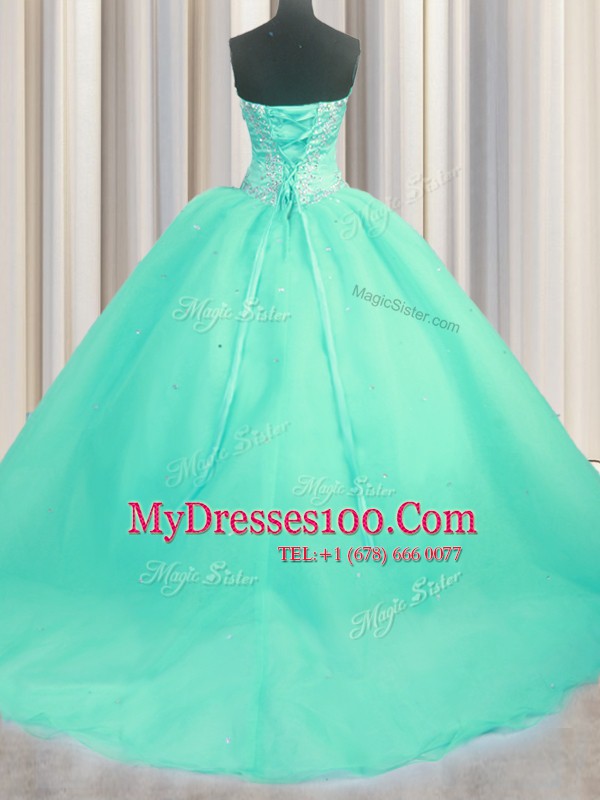 Exquisite Sweetheart Sleeveless Sweet 16 Quinceanera Dress With Brush Train Beading and Appliques Turquoise Organza