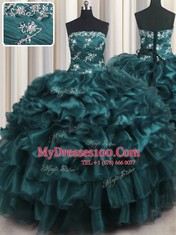Organza Strapless Sleeveless Lace Up Appliques and Ruffles and Ruffled Layers Quinceanera Gowns in Navy Blue