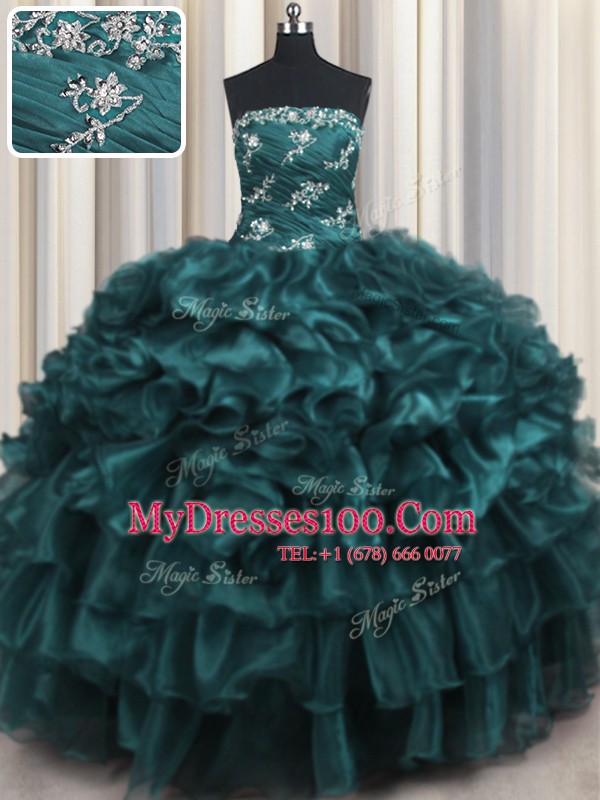 Organza Strapless Sleeveless Lace Up Appliques and Ruffles and Ruffled Layers Quinceanera Gowns in Navy Blue