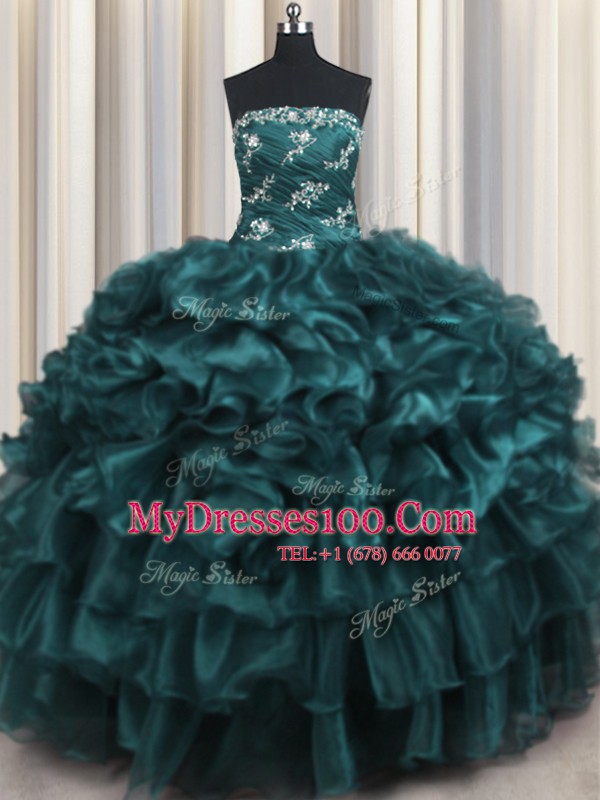 Organza Strapless Sleeveless Lace Up Appliques and Ruffles and Ruffled Layers Quinceanera Gowns in Navy Blue