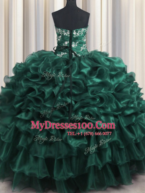 Organza Strapless Sleeveless Lace Up Appliques and Ruffles and Ruffled Layers Quinceanera Gowns in Navy Blue