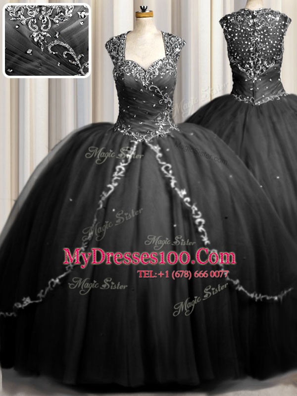 Sophisticated Zipple Up Cap Sleeves Tulle Brush Train Zipper Quince Ball Gowns in Black with Beading and Appliques