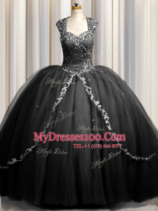 Sophisticated Zipple Up Cap Sleeves Tulle Brush Train Zipper Quince Ball Gowns in Black with Beading and Appliques