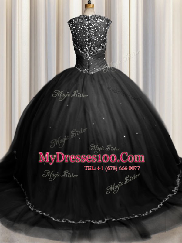 Sophisticated Zipple Up Cap Sleeves Tulle Brush Train Zipper Quince Ball Gowns in Black with Beading and Appliques