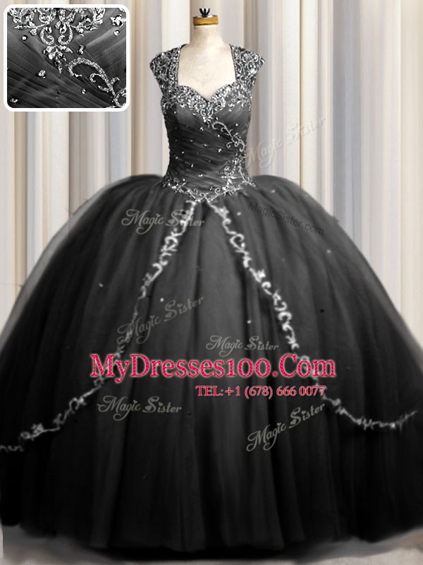 Sophisticated Zipple Up Cap Sleeves Tulle Brush Train Zipper Quince Ball Gowns in Black with Beading and Appliques