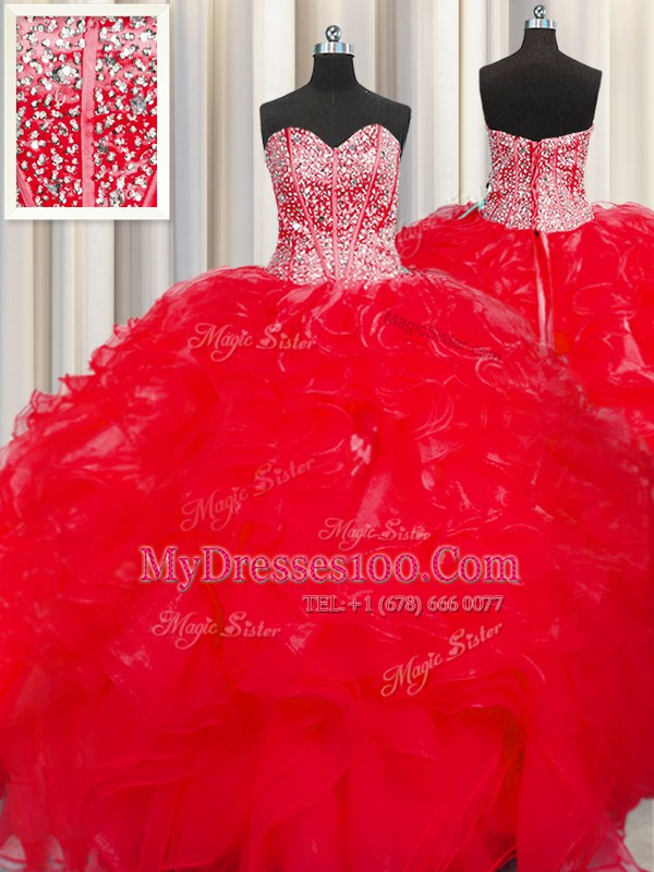 Visible Boning Beaded Bodice Red Ball Gowns Sweetheart Sleeveless Organza Floor Length Lace Up Beading and Ruffles Ball Gown Prom Dress