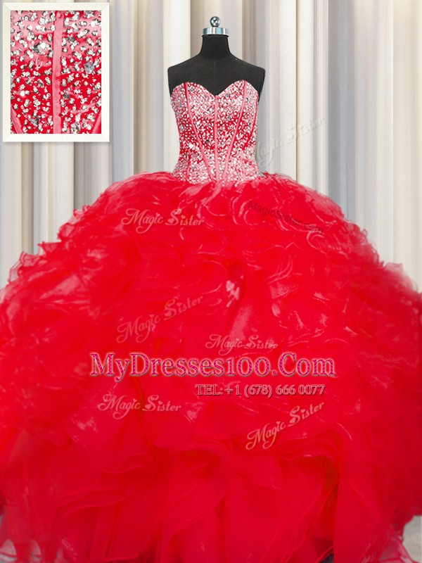 Visible Boning Beaded Bodice Red Ball Gowns Sweetheart Sleeveless Organza Floor Length Lace Up Beading and Ruffles Ball Gown Prom Dress