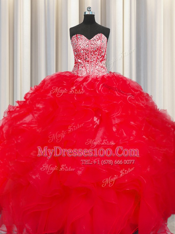 Visible Boning Beaded Bodice Red Ball Gowns Sweetheart Sleeveless Organza Floor Length Lace Up Beading and Ruffles Ball Gown Prom Dress