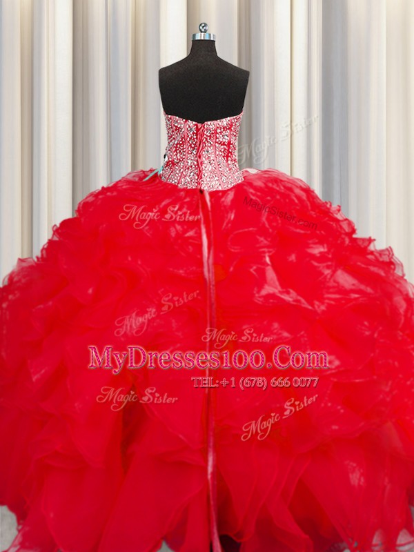 Visible Boning Beaded Bodice Red Ball Gowns Sweetheart Sleeveless Organza Floor Length Lace Up Beading and Ruffles Ball Gown Prom Dress