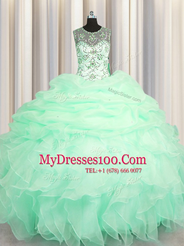 High Quality See Through Apple Green Lace Up Scoop Beading and Ruffles and Pick Ups Quinceanera Dress Organza Sleeveless
