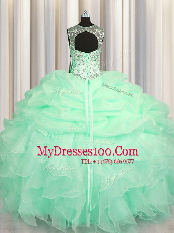 High Quality See Through Apple Green Lace Up Scoop Beading and Ruffles and Pick Ups Quinceanera Dress Organza Sleeveless