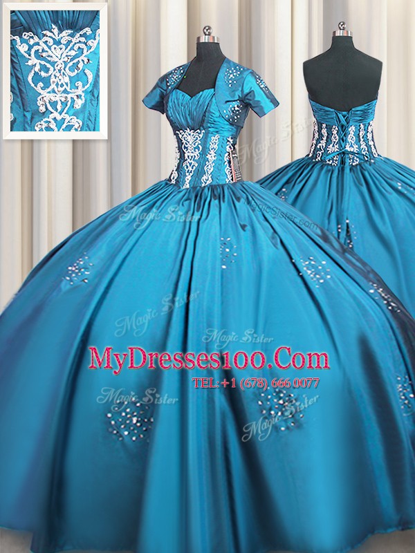 Colorful Sweetheart Short Sleeves Quinceanera Gown Floor Length Beading and Appliques and Ruching Teal Taffeta