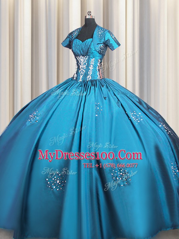 Colorful Sweetheart Short Sleeves Quinceanera Gown Floor Length Beading and Appliques and Ruching Teal Taffeta