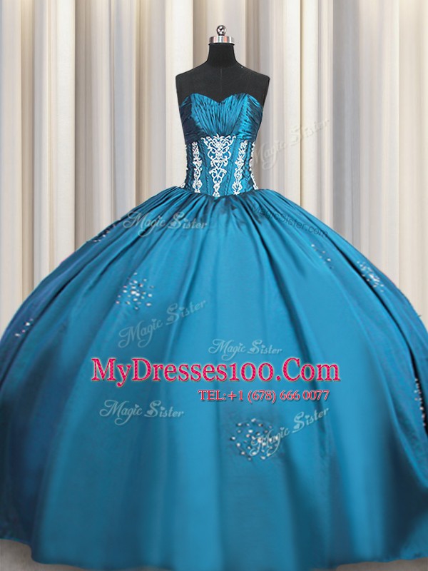 Colorful Sweetheart Short Sleeves Quinceanera Gown Floor Length Beading and Appliques and Ruching Teal Taffeta