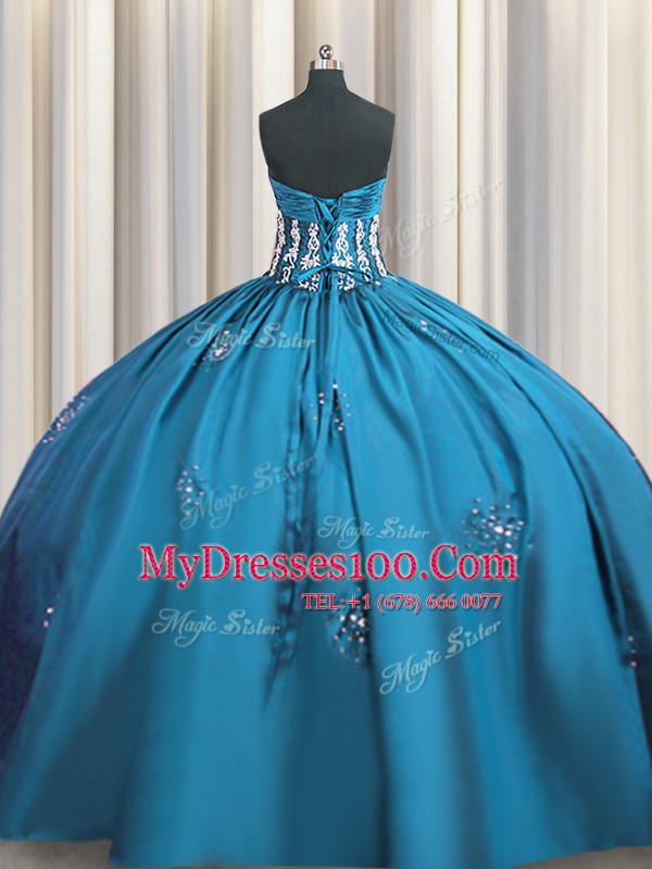Colorful Sweetheart Short Sleeves Quinceanera Gown Floor Length Beading and Appliques and Ruching Teal Taffeta