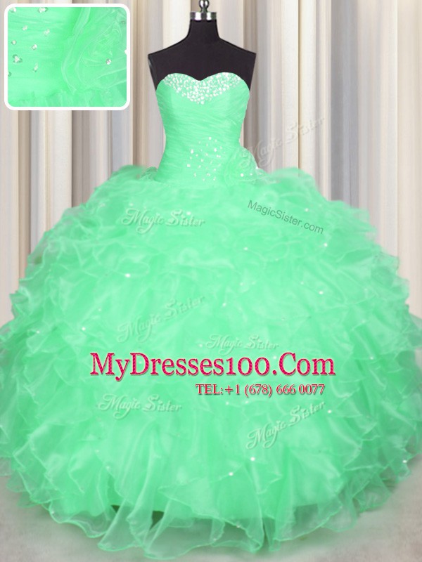 Captivating Beading and Ruffles Ball Gown Prom Dress Apple Green Lace Up Sleeveless Floor Length