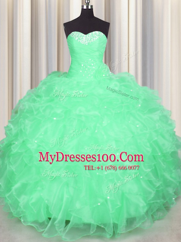 Captivating Beading and Ruffles Ball Gown Prom Dress Apple Green Lace Up Sleeveless Floor Length